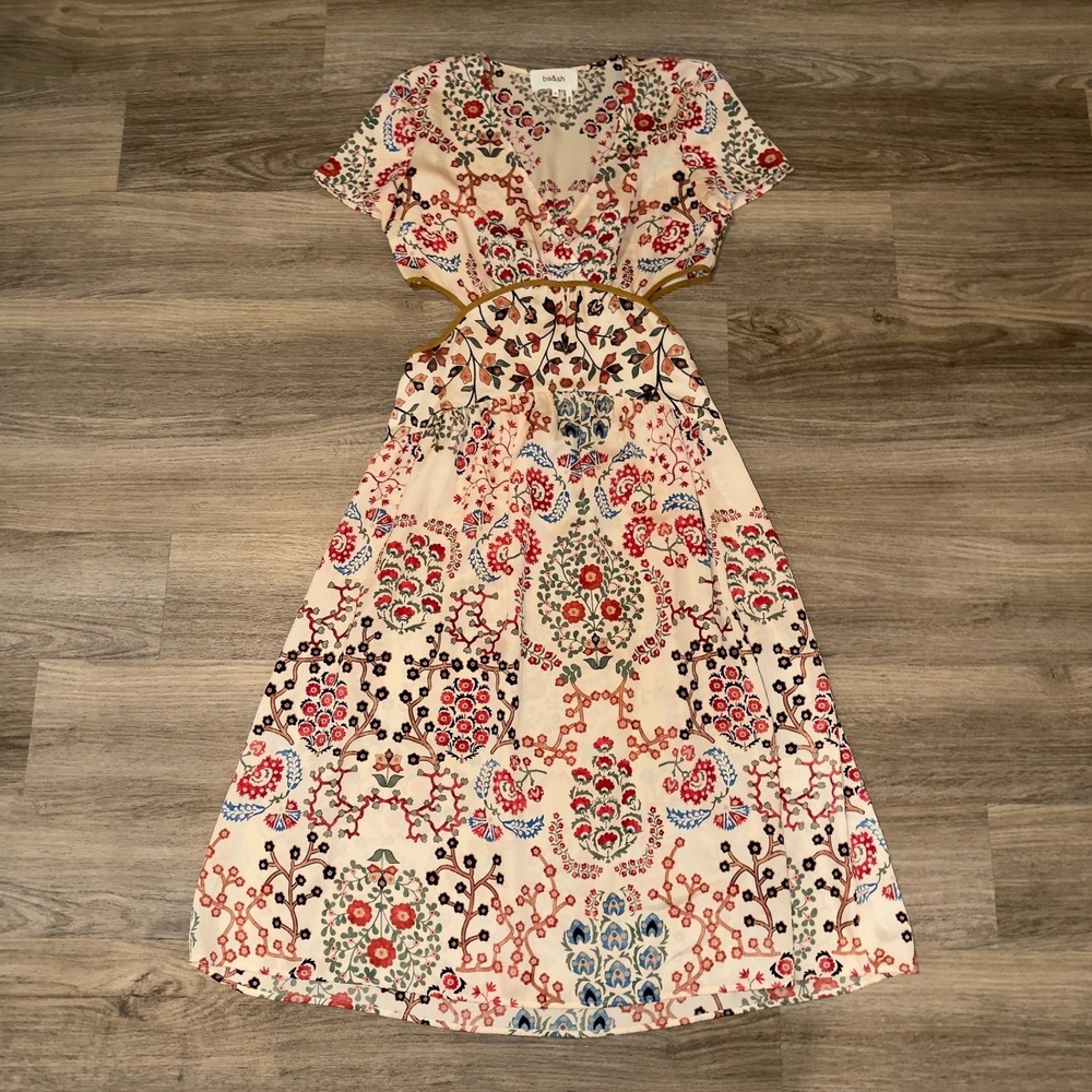 ba&sh Giana Floral Cut-Out Midi Dress V-Neck Short Sleeve Boho Cream Red Medium